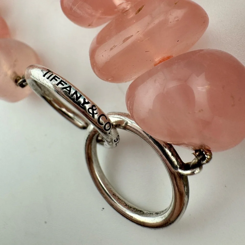RARE Vtg. Tiffany & Co. Graduated Freeform Rondelle Rose Quartz Bead Necklace